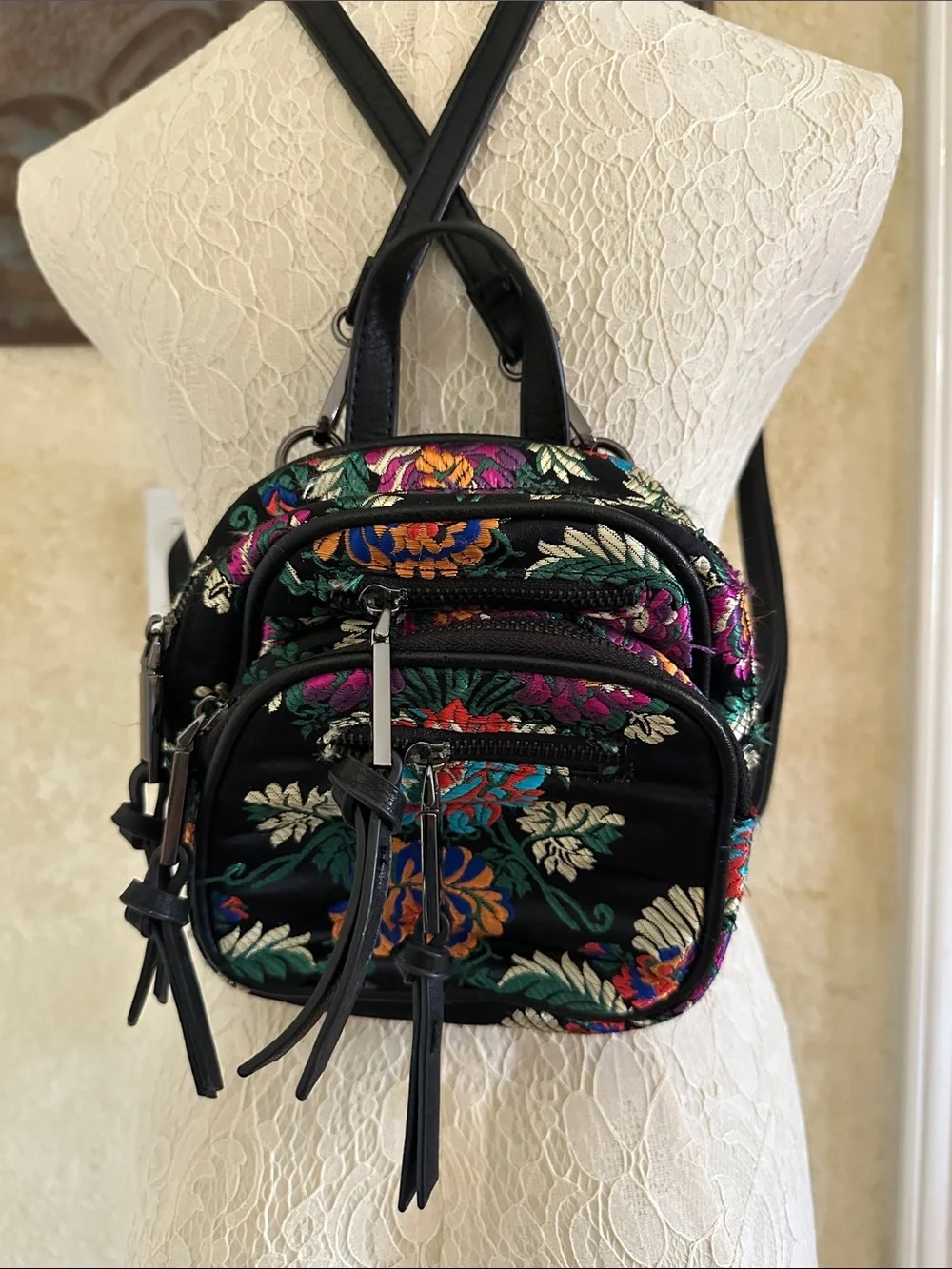 Free People Black Mini Backpack with Multicolor Embroidered Floral